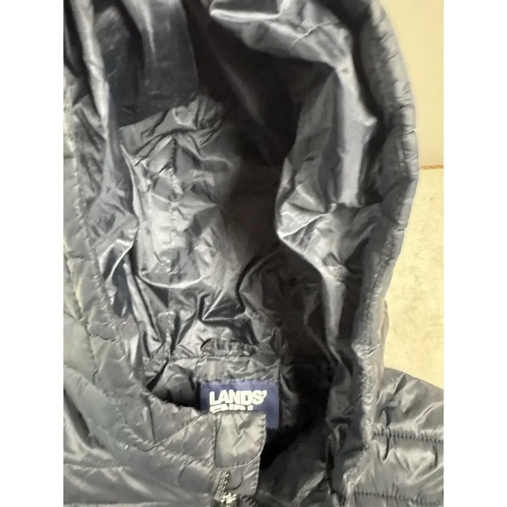 Lands End Girls L 10-12 Black Hooded Lightweight Puffer Jacket Full Zip